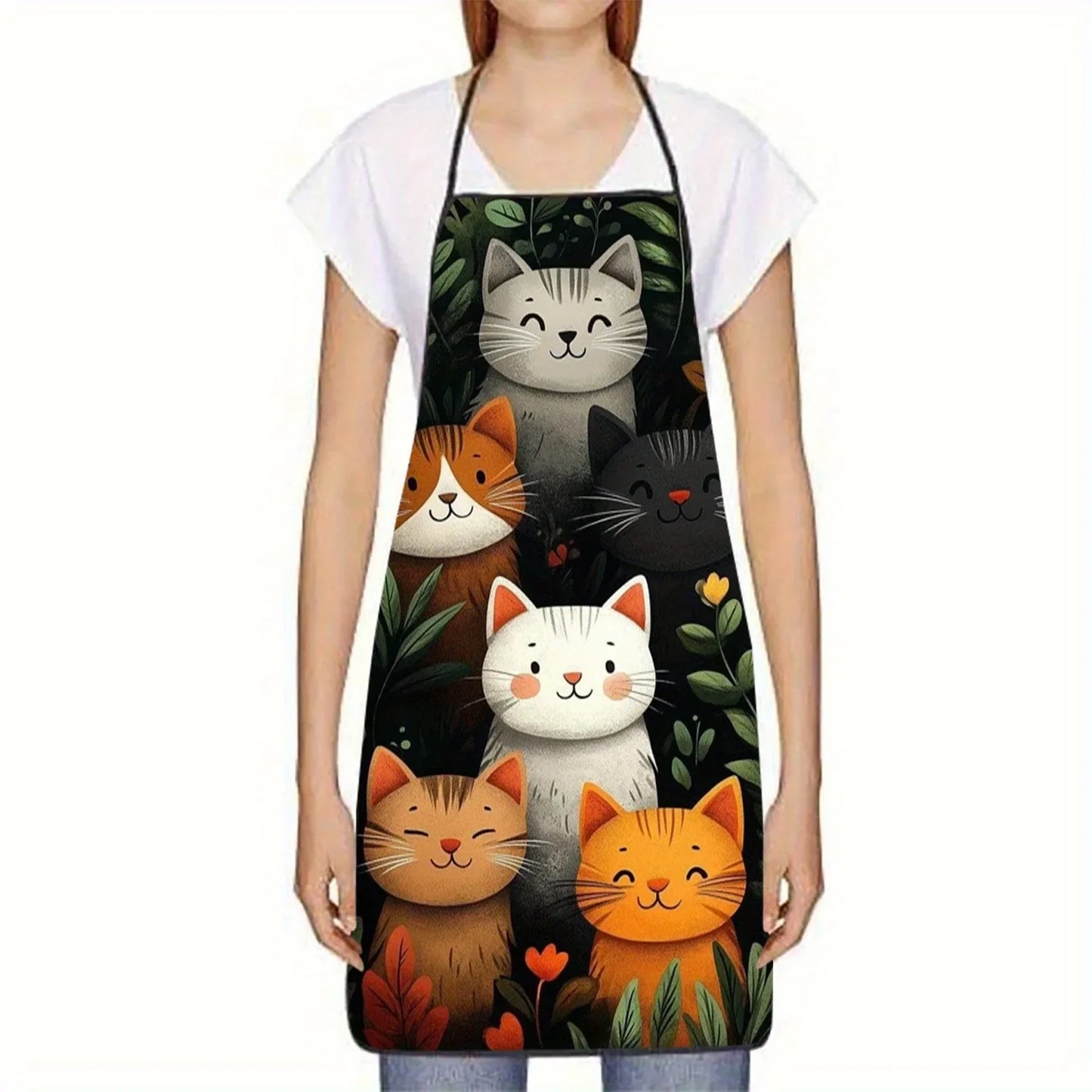 Cute Cat Pattern Polyester Apron Vibrant Cartoon Cats with Hearts & Stars DesignKitchen Apron for Cooking, Baking Home Decor